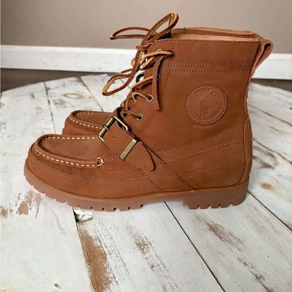 POLO Ralph Lauren Ranger boots brown tan leather lace up buckle men’s sz 8.5 EUC - Picture 2 of 11